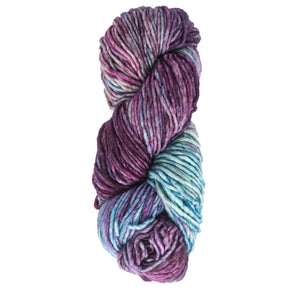 A skein of Malabrigo Mecha yarn by Malabrigo Yarn, featuring kettle-dyed shades of purple, pink, and blue intertwined, showcasing a soft and textured appearance.