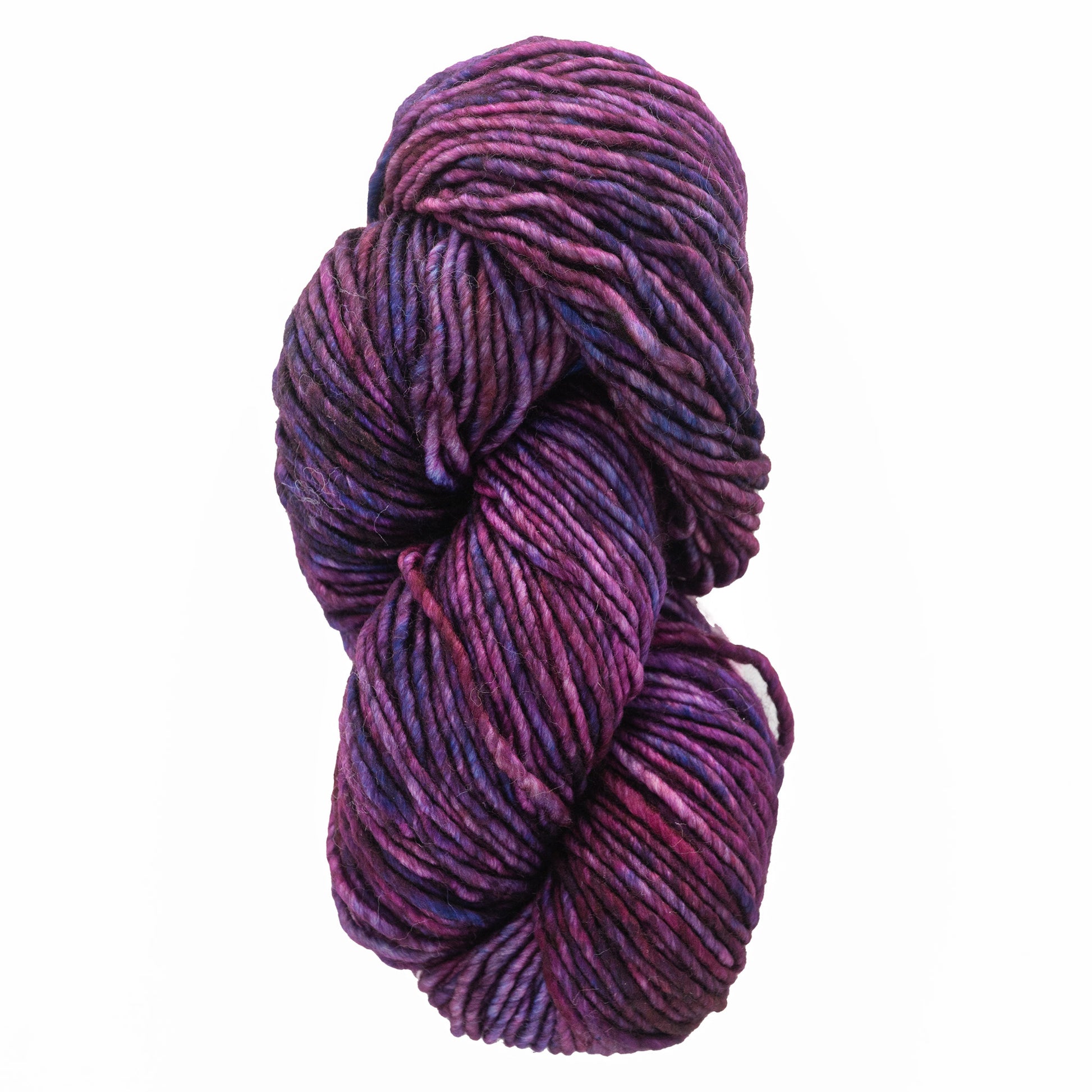 A twisted skein of Malabrigo Mecha by Malabrigo Yarn, featuring superwash bulky yarn in varying shades of purple and pink against a white background.