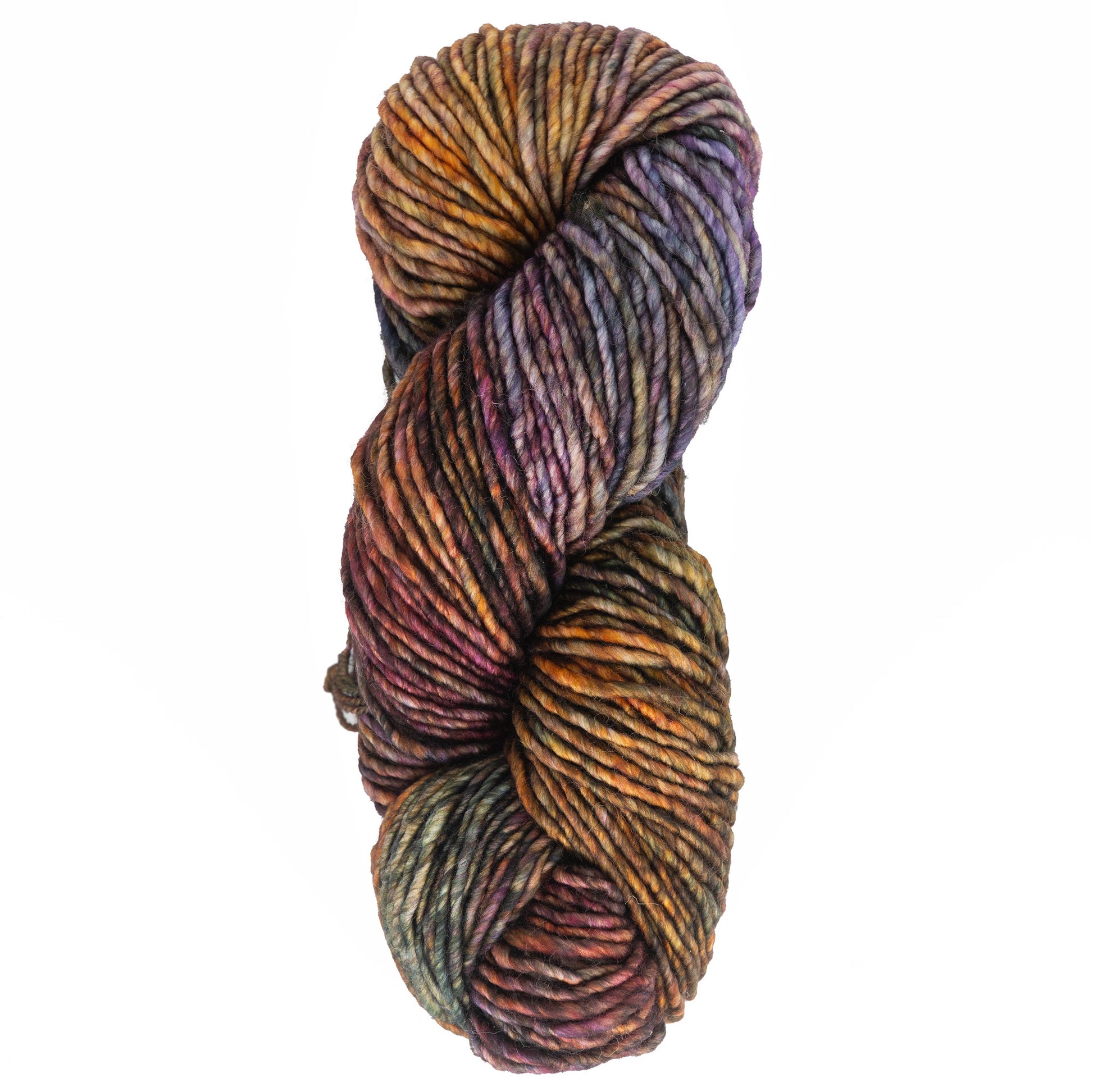 A skein of Malabrigo Mecha, a multicolored yarn in shades of brown, purple, blue, and green from Malabrigo Yarn, is twisted into an oval shape against a white background. This superwash bulky yarn boasts a thick and smooth texture, highlighting its exquisite kettle-dyed brilliance.