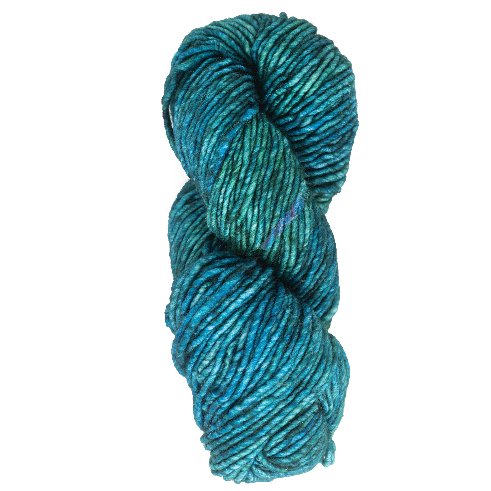 A close-up of a skein of Malabrigo Mecha, twisted neatly into a hank, reveals its variegated teal coloring. This kettle-dyed superwash bulky yarn from Malabrigo Yarn showcases subtle shades of blue and green, contributing to its textured and rich appearance.