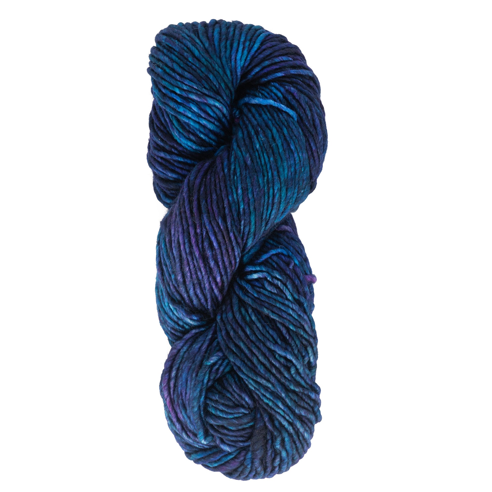 A skein of Malabrigo Mecha yarn by Malabrigo Yarn, skillfully kettle dyed in shades of blue and purple, twisted into a loop.