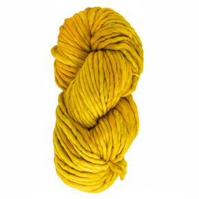 A skein of Malabrigo Rasta, a super bulky yarn by Malabrigo Yarn, is tightly wound and displayed against a white background. Crafted from soft merino wool, this thick, vibrant yellow yarn boasts a plush texture that makes it perfect for knitting or crocheting and enhances any crafting project with its luxurious feel.