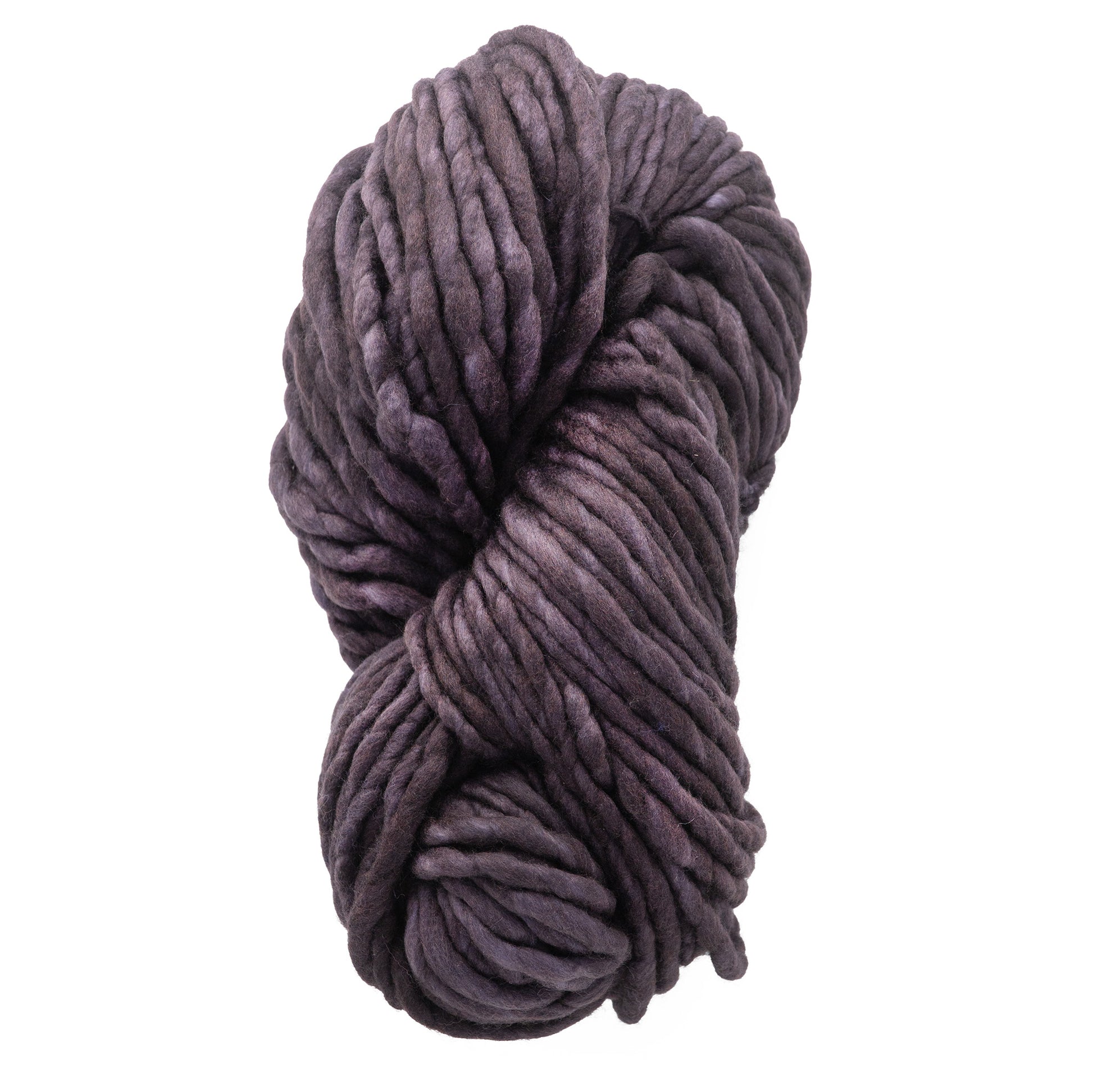 A skein of Malabrigo Rasta, a thick, dark purple yarn crafted from luxurious merino wool by Malabrigo Yarn, coiled in a twisted pattern against a white background.