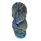 A skein from the Malabrigo Rasta collection by Malabrigo Yarn features a super bulky blend of green, blue, and purple in a twisted bundle. Made with soft merino wool, its variegated fibers create a textured and vibrant appearance.