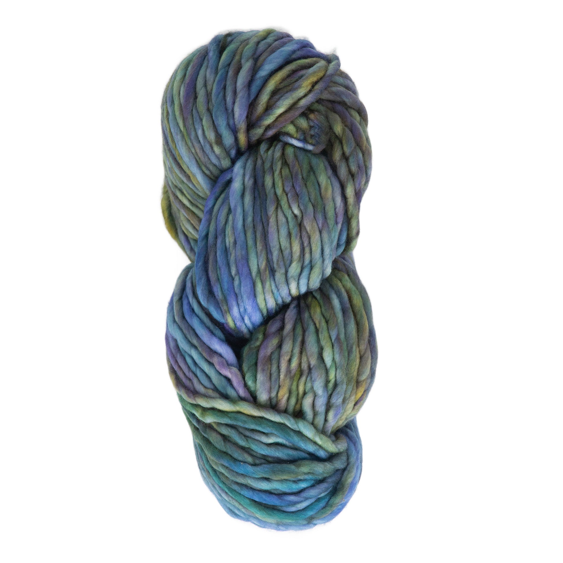 A close-up image of a twisted skein of Malabrigo Rasta from Malabrigo Yarn. The chunky, multicolored merino wool blend showcases hues of blue, green, and purple, creating a variegated, iridescent effect. The thick and soft texture is perfect for super bulky knitting or crochet projects.