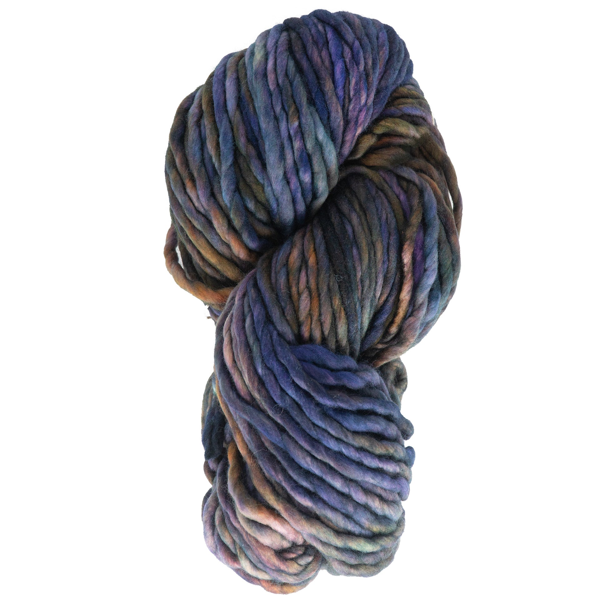 A skein of Malabrigo Rasta by Malabrigo Yarn features a lavish, super bulky merino wool yarn in shades of blue, purple, brown, and green. Its thick strands are loosely twisted into a large coil and beautifully presented on a white background.