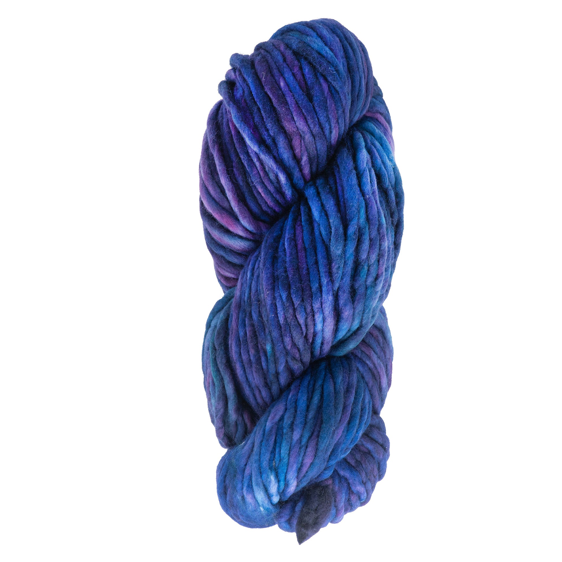 A skein of Malabrigo Yarn's Malabrigo Rasta, crafted from thick, soft merino wool in shades of blue and purple, offers a plush texture with a slightly twisted appearance.