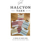 A set of seven handwoven baby bibs, each showcasing unique patterns and colors, is displayed on a wooden surface. Above the bibs is the Halcyon Yarn logo along with text explaining that these bibs are made using the Woven Baby Bib Pattern with Sweet Briar Rose Overshot on a four-shaft loom—an ideal stash buster project.