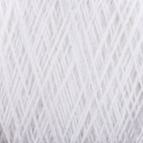 Close-up image of white versatile Homestead 8/2 Cotton Yarn | Mini-cone by Supreme Corp wound tightly around itself, creating a repeating pattern of crisscrossed threads. The texture is soft and fibrous, and the dense overlapping of fibers creates a sense of depth and intricacy.