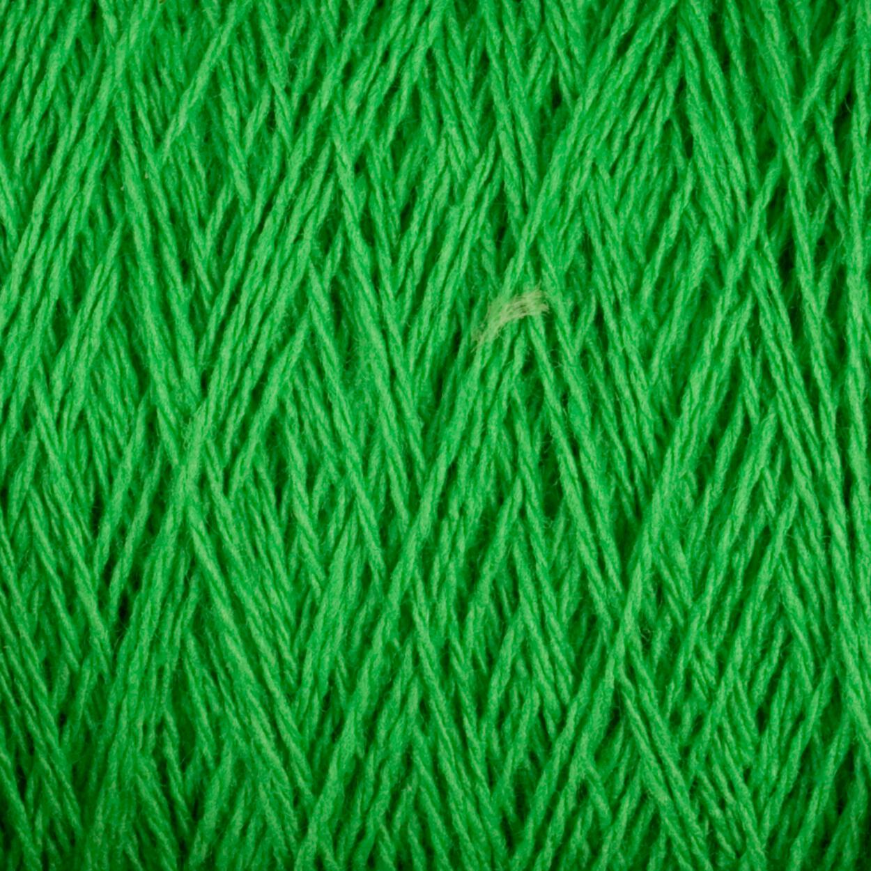 Close-up image of tightly wound, vibrant green Homestead 8/2 Cotton Yarn by Supreme Corp. The texture reveals individual strands intricately interlaced, forming a rich and detailed pattern. Some minor variations in shading and thickness of the threads are visible, adding to the visual depth.