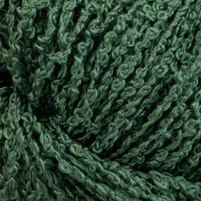 Close-up view of a skein of Halcyon Yarn's Gemstone Silk Bouclé, showcasing its textured, twisted fibers and rich green color. The yarn appears soft and thick, with a slightly irregular weave pattern that echoes the luxurious feel characteristic of Silk Bouclé.