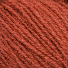 A close-up view of Halcyon Yarn's Victorian 2-Ply Wool Yarn in rust color. The fibers intertwine to create a soft and warm appearance, ideal for hand knitting or crocheting projects. The Sport weight yarn's fluffy texture and rich color are prominently displayed in the image.