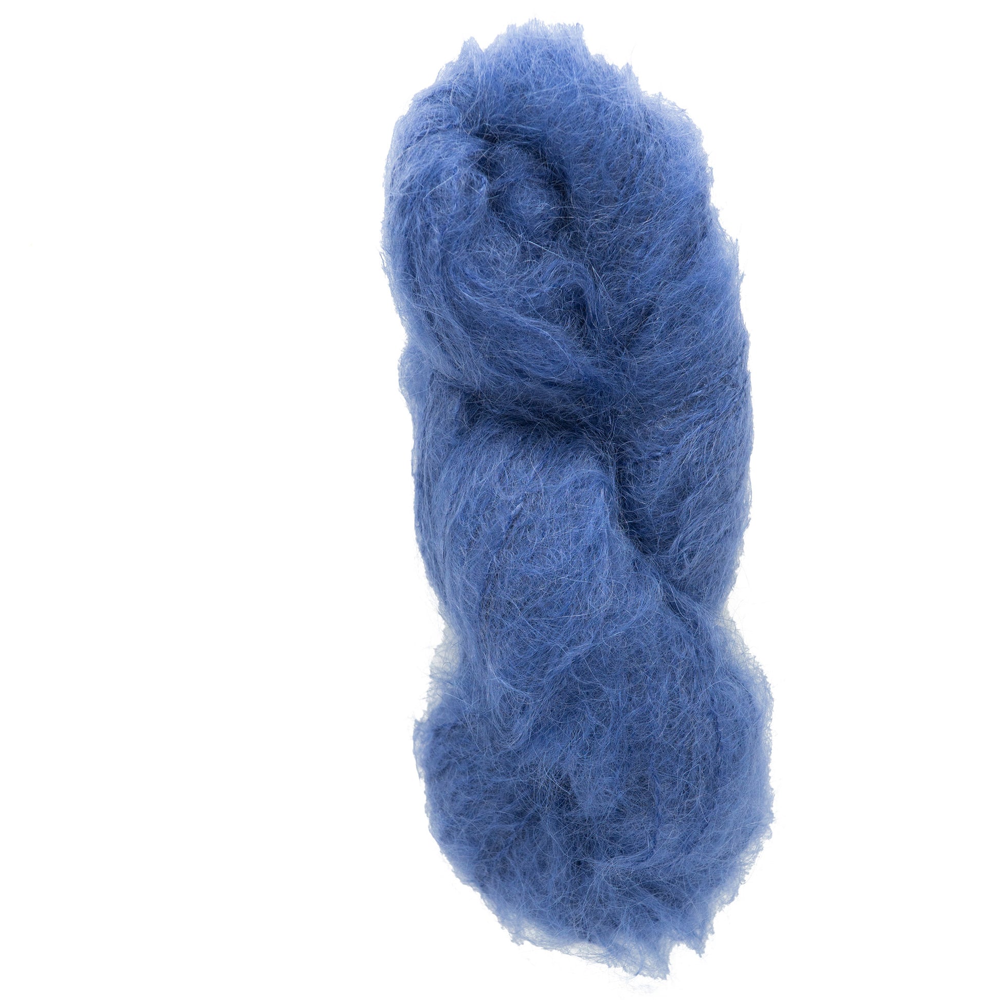 A mini skein of soft, fluffy blue mohair yarn from the Victorian Brushed Mohair Yarn collection by Caledonian Dye Works, perfect for spinning or felting with its luxurious natural fiber.