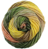 The Plymouth Yarn Co. offers the Plymouth Gina Chunky, a skein of multi-colored chunky yarn that features an array of shades including green, yellow, brown, and a hint of peach. The fibers are expertly wound into a circular shape, displaying a seamless gradient of colors that blend effortlessly—ideal for your Alpine Toppers projects.