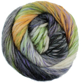 A close-up image of Plymouth Gina Chunky yarn by Plymouth Yarn Co., showcasing a vibrant mix of colors including shades of green, purple, yellow, black, and white. The yarn appears soft and fluffy with a slightly thick texture, seamlessly blending varying hues together. Ideal for creating cozy Alpine Toppers.