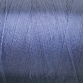 Close-up image of a spool of Maurice Brassard's 8/2 Tencel Yarn in blue. The tightly wound thread creates a textured, diagonal pattern, showcasing the smooth, shiny surface. The color is a mid-tone blue with subtle variations in light reflecting off the material, perfect for knitting accessories or weaving projects.