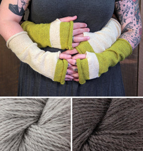 Close-up of two people wearing color-blocked fingerless mitts in green and beige, embracing each other. Below, there are two skeins of Herriot Fine alpaca yarn—one in light grey and the other in dark brown—from the Whole Wide World Fingerless Mitts Kit by Halcyon Yarn, perfect for this advanced beginner knitting project.