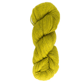 A skein of Herriot Fine Alpaca yarn by Juniper Moon Farm, in a vivid yellow-green hue, twisted into a neat coil against a white background, ideal for crafting lightweight accessories.