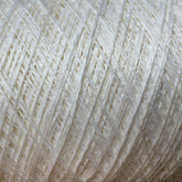 Close-up image of thick, white Newport 16/2 Linen Yarn | Large Cone by Halcyon Yarn wound tightly in a crisscross pattern. The fibers appear smooth and shiny, creating a textured and intricate appearance. The yarn is uniformly white, with subtle variations in thickness visible.