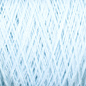 Close-up image of the light blue Newport 16/2 Linen Yarn from Halcyon Yarn, showcasing tightly woven threads arranged in a crisscross pattern. The texture appears soft and delicate, highlighting the intricate details of the fibers on this large cone of yarn.