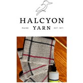 A marketing image features the Halcyon Yarn logo above classic linen dishcloths with black and red stripes, paired with a bottle of liquid soap. The text reads: "Classic Linen Dishcloths, Weaving Kit (4-Shaft).