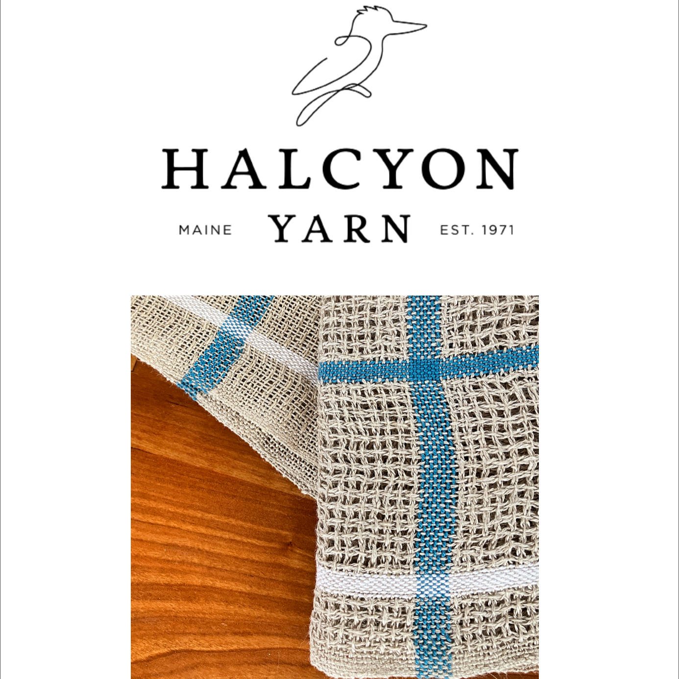 Halcyon Yarn label featuring the Classic Linen Dishcloths, Weaving Kit (Rigid Heddle). These dishcloths are crafted with a canvas weave and adorned with blue-white stripes against a wooden background. Ideal kitchen accessories since 1971.