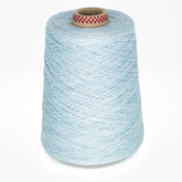 A large cone of Newport 16/2 Linen Yarn in light blue, wrapped around a cylindrical cardboard core featuring a red and white checkered rim. The yarn is tightly wound, and the cone stands upright on a white background, exemplifying the quality typical of Halcyon Yarn products.