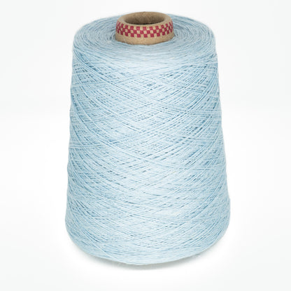 A large cone of Newport 16/2 Linen Yarn in light blue, wrapped around a cylindrical cardboard core featuring a red and white checkered rim. The yarn is tightly wound, and the cone stands upright on a white background, exemplifying the quality typical of Halcyon Yarn products.