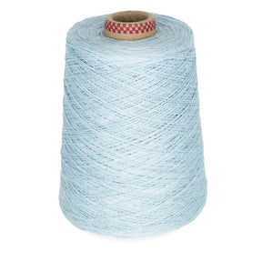 A mini-cone of Newport 16/2 Linen Yarn by Halcyon Yarn features a high-quality linen yarn in light blue, accented with a red and white checkered pattern at the core. The tightly wound design forms a conical shape.