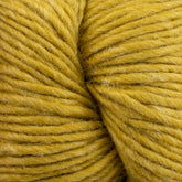 Close-up of two thick skeins of Moonshine by Juniper Moon Farm from Knitting Fever / Euro. The twisted fibers are detailed, showcasing the texture and slight fuzziness of the soft, yellow wool yarn. The yarn has a rich mustard yellow hue and appears warm and cozy.