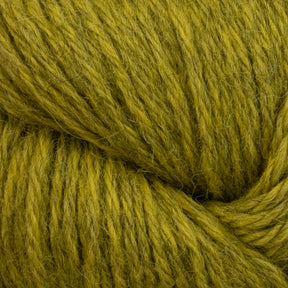 Close-up of a skein of chunky, mustard yellow Juniper Moon Farm Herriot Baby Alpaca yarn by Knitting Fever / Euro. The fibers are thick and textured, forming a twisted pattern. The yarn appears soft and slightly fuzzy, making it ideal for knitting or crocheting projects with DK weight yarn.