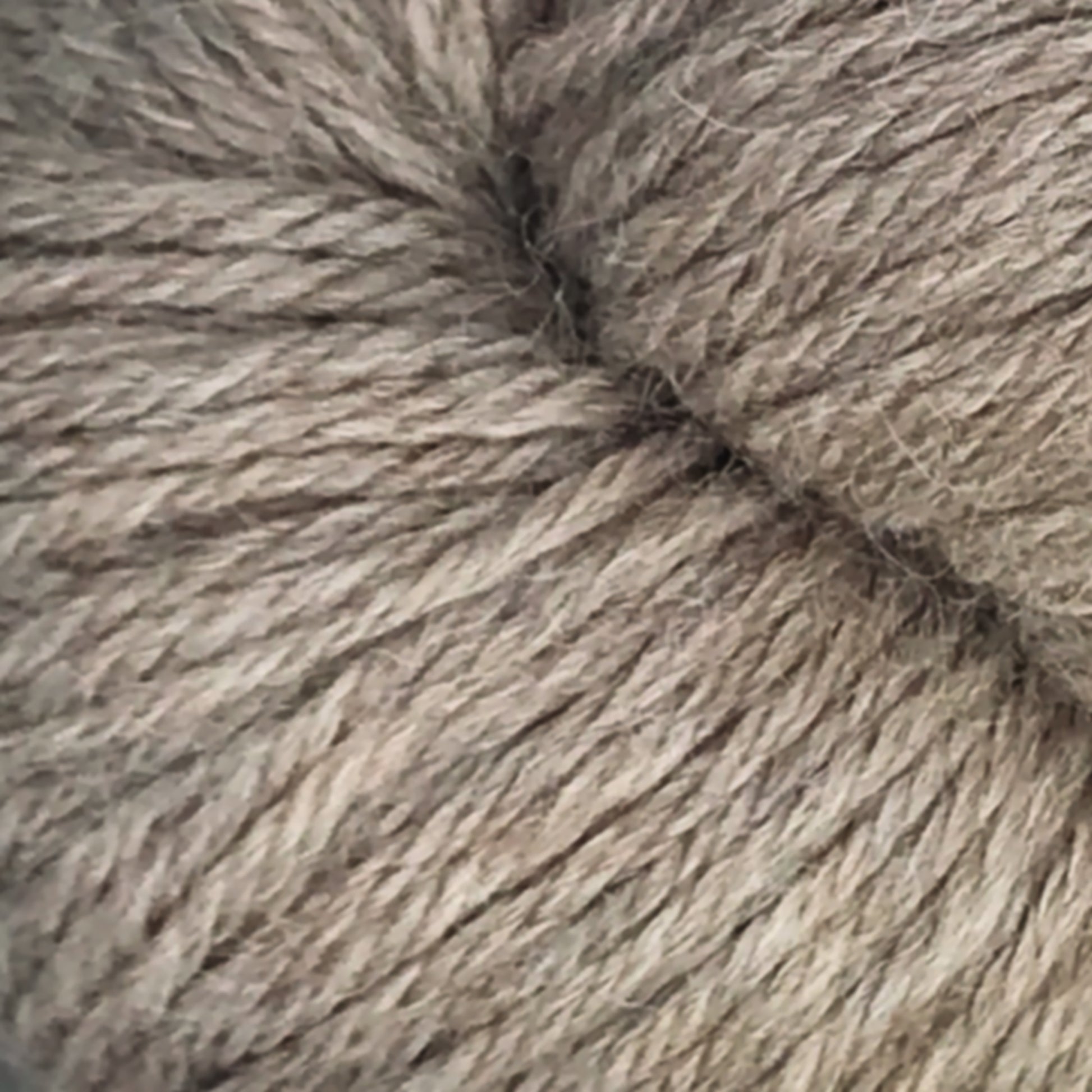 Close-up image of a skein of Juniper Moon Farm Herriot Baby Alpaca yarn by Knitting Fever / Euro, showcasing the detailed texture of extrafine baby alpaca fibers tightly wound together. The DK weight yarn has a natural and slightly variegated appearance with shades of light and medium beige.