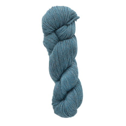 The Juniper Moon Farm Herriot Baby Alpaca yarn by Knitting Fever / Euro is a DK weight skein, expertly crafted from luxurious baby alpaca fibers. It is tightly wound into a neat twist, and its heathered teal hue stands out gracefully against a white background.