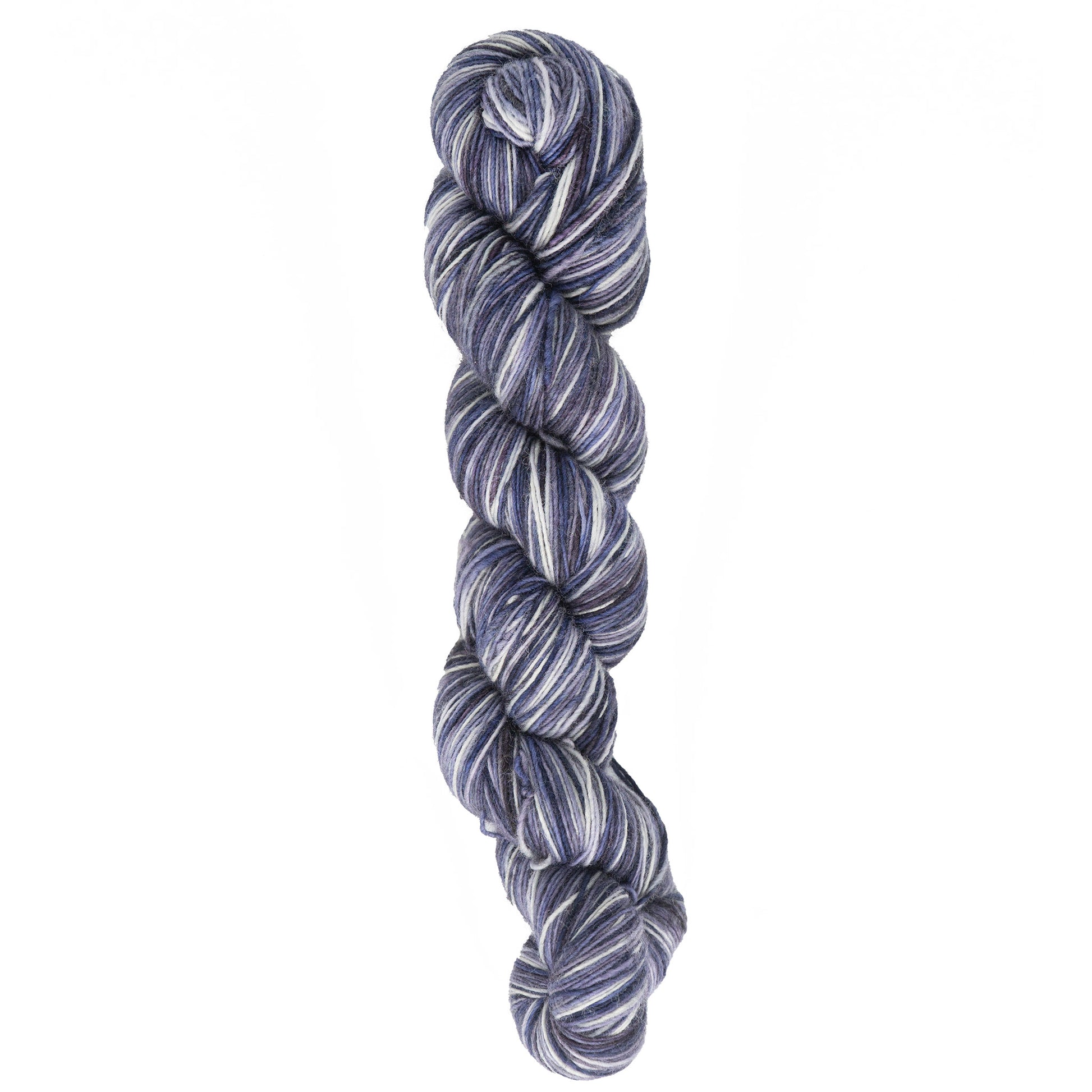 A skein of Malabrigo Lace yarn from Malabrigo Yarn, featuring a blue and white variegated twist, ideal for creating delicate knitted shawls.