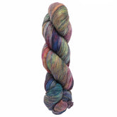 A skein of Malabrigo Lace from Malabrigo Yarn, featuring a vibrant mix of green, blue, pink, purple, and yellow set against a simple white backdrop. Ideal for crafting exquisite merino lace weight knitted shawls.