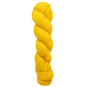 A neatly twisted skein of the vibrant yellow Malabrigo Lace by Malabrigo Yarn is coiled into a long, narrow bundle. The yarn's fibers appear smooth and tightly wound, highlighting its vivid color and soft texture against a plain white background—ideal for crafting delicate knitted shawls.