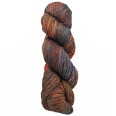 The Malabrigo Sock by Malabrigo Yarn is a twisted skein of versatile yarn that features shades of orange, blue, and gray against a white background, showcasing the rich depth achieved by kettle-dyed superwash merino wool.