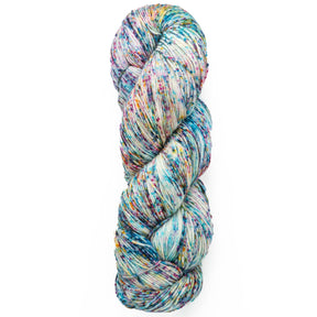 A skein of Malabrigo Sock by Malabrigo Yarn, presented in a twisted braid, displays a vibrant mix of colors including blue, pink, yellow, and speckled white. Made from superwash merino wool, the yarn's texture is soft and smooth.