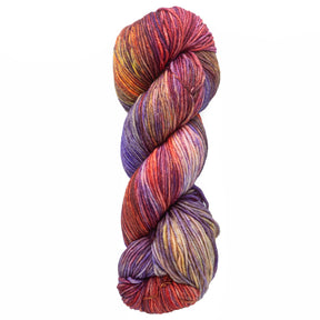 Product Name "Malabrigo Arroyo" from Malabrigo Yarn is a skein of sport weight yarn showcasing a vibrant palette with shades of red, orange, purple, and yellow. Made from superwash merino wool, it is twisted into a neat coil and boasts a textured appearance featuring an ideal blend of warm and cool tones.