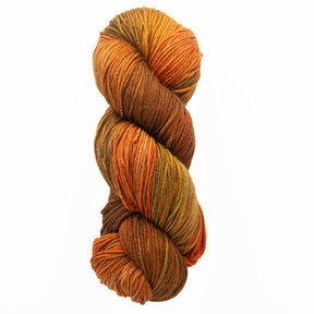 A skein of Malabrigo Arroyo yarn from Malabrigo Yarn, featuring a rich blend of autumn colors like orange, brown, and gold twisted together against a plain white background. Made from superwash merino wool for a soft and luxurious feel.