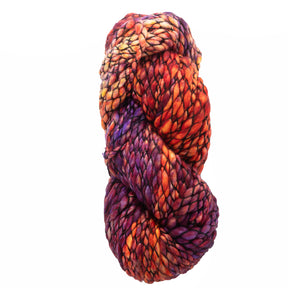 The Malabrigo Yarn's Caracol features a multicolored skein, kettle-dyed to display an array of vibrant shades including red, orange, purple, and yellow, all set against a white background for a rich and textured appearance.