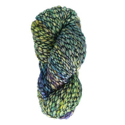 A skein of Malabrigo Yarn's chunky, kettle-dyed multi-colored Malabrigo Caracol featuring shades of blue, green, and yellow, twisted into a compact bundle. This super bulky yarn has a thick, textured appearance, making it ideal for knitting or crocheting.