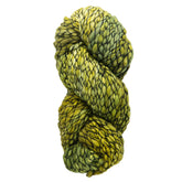 Introducing Malabrigo Caracol by Malabrigo Yarn: a generously sized skein of super bulky yarn, boasting a textured appearance with a captivating blend of various shades of green. The kettle-dyed finish creates an effect reminiscent of overlapping scales, providing it with a distinct and eye-catching allure.