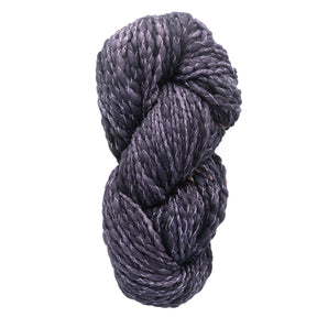 A twisted skein of deep purple, glossy Malabrigo Caracol by Malabrigo Yarn, intricately woven into a tight coil, set against a plain white background.