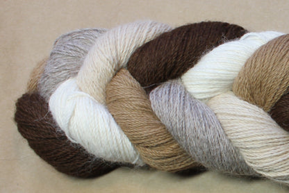 A close-up image of a Yarn & Soul Superfine 400 Alpaca Braid made from multiple skeins of sport weight yarn. The yarn twists together in shades of brown, beige, cream, and gray, creating a visually pleasing gradient of natural colors with excellent stitch definition. The background is a plain, light brown surface.