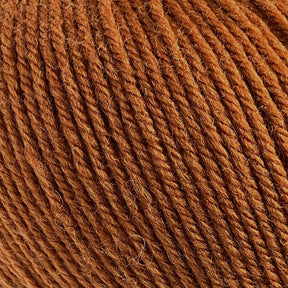 A close-up image of a ball of terracotta-colored Cascade 220 Superwash Wool Yarn from Cascade Yarns, showcasing the tightly wound strands and visible texture of the fibers. The superwash DK weight yarn, made from 100% merino wool, boasts beautiful stitch definition and appears soft and slightly fluffy, suitable for knitting or crocheting projects.