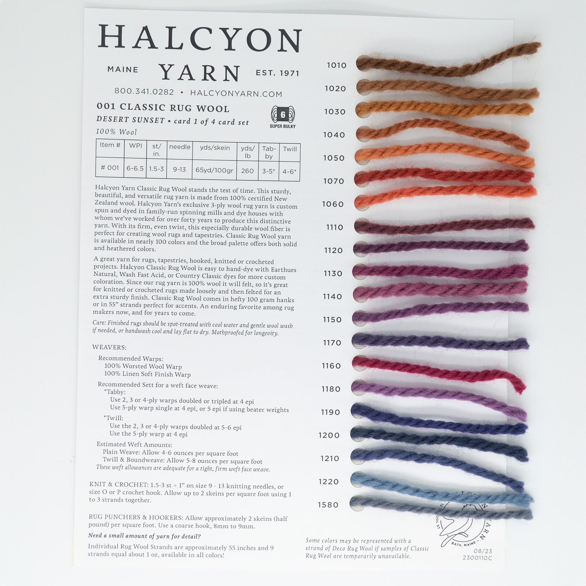 The Classic Rug Wool Sample Card from Halcyon Yarn features 14 swatches of colorfast Halcyon Classic Rug Wools arranged in a vertical column, with shades transitioning from light brown at the top to dark blue at the bottom. Each wool swatch is labeled with its corresponding color code and name. Additional text provides details on wool features and contact information.