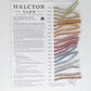 The Halcyon Yarn Classic Rug Wool Sample Card showcases 16 different colorfast wool strands, each distinguished by a number ranging from 001 to 015. This sample card provides essential yarn details, including material composition (100% wool), yardage, and recommended needle sizes. Contact information is located at the top of the card.