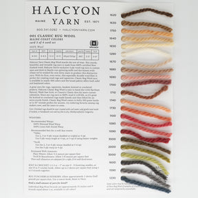 A Halcyon Yarn Classic Rug Wool Sample Card displaying 19 samples of their 100% colorfast wool, featuring shades of brown, gray, green, blue, red, and beige. This card highlights the Halcyon Classic Rug Wool ideal for knitting and crocheting projects and includes contact information and dimensions.