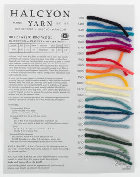 The Halcyon Yarn Classic Rug Wool Sample Card displays twelve samples of colorfast Halcyon Classic Rug Wools in various shades. Each wool sample is accompanied by its corresponding color code and number, featuring hues ranging from green, blue, red, yellow, gray, to black.